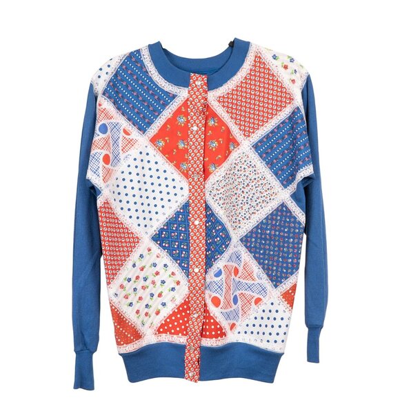 Handmade Sweaters - Patchwork Cardigan Sweatshirt M Blue Red Lace Floral 90s Mom Grammacore Dots